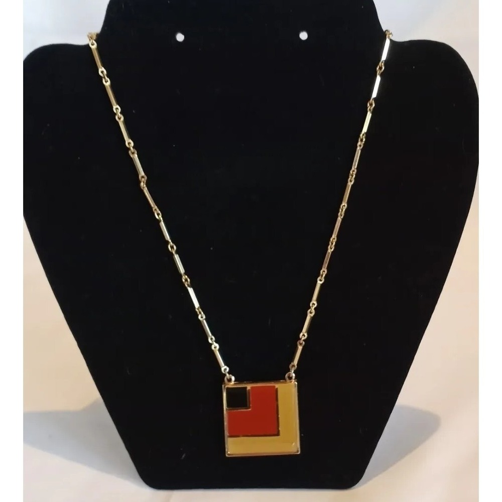 Sarah Coventry Front Row Necklace Gold Tone Geometric Orange Black Yellow 1977